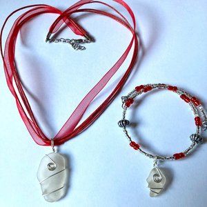 Sea Glass Pendent Red Necklace and Bracelet with Sea Glass Charm Set, Handmade